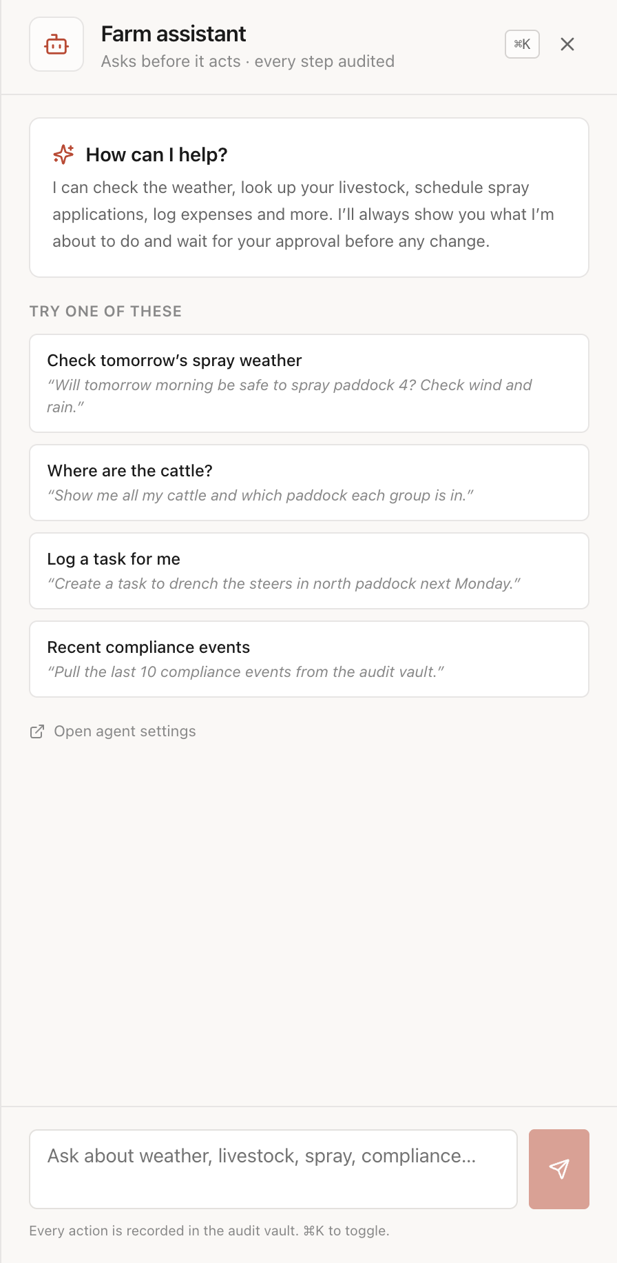 Farm Assistant — AI chat interface with suggested prompts like 'Check tomorrow's spray weather' and 'Where are the cattle?'